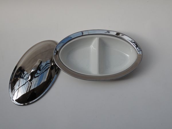 Porcelain Chrome Divided Oval Dish With Lid picture